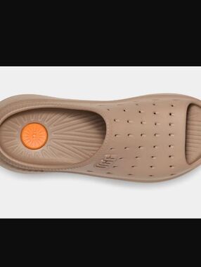 UGG Taupe Open-Toe Perforated Slip-On Slides with Orange Insole Dots